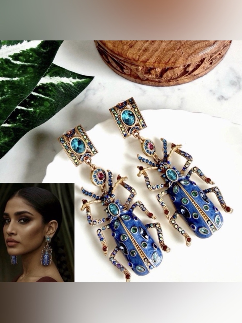 Blue Beetle Insect Pink Crystal Earrings Vintage Style Scarab Jewelry Gift NEW